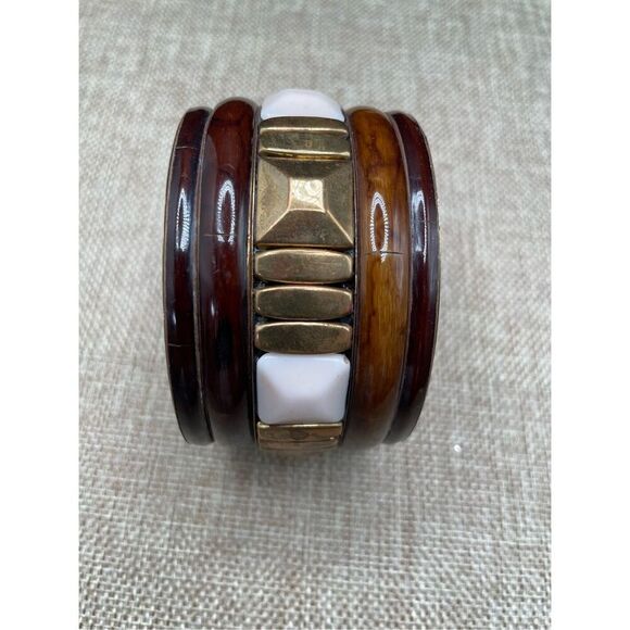 Vintage Brass & Wood Bangle Bracelet Brown Retro Jewelry Wide Cuff - Picture 7 of 8
